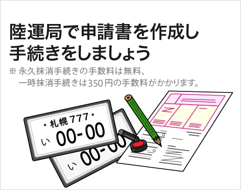 陸運局で申請書を作成し手続きをしましょう ※永久抹消手続きの手数料は無料、一時抹消手続きは350円の手数料がかかります。